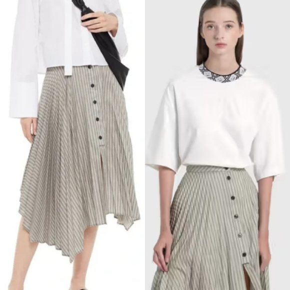 Acne Studios Ilia Stripe Asymmetric Pleated Midi Skirt Gray White 34/2 - Picture 2 of 14